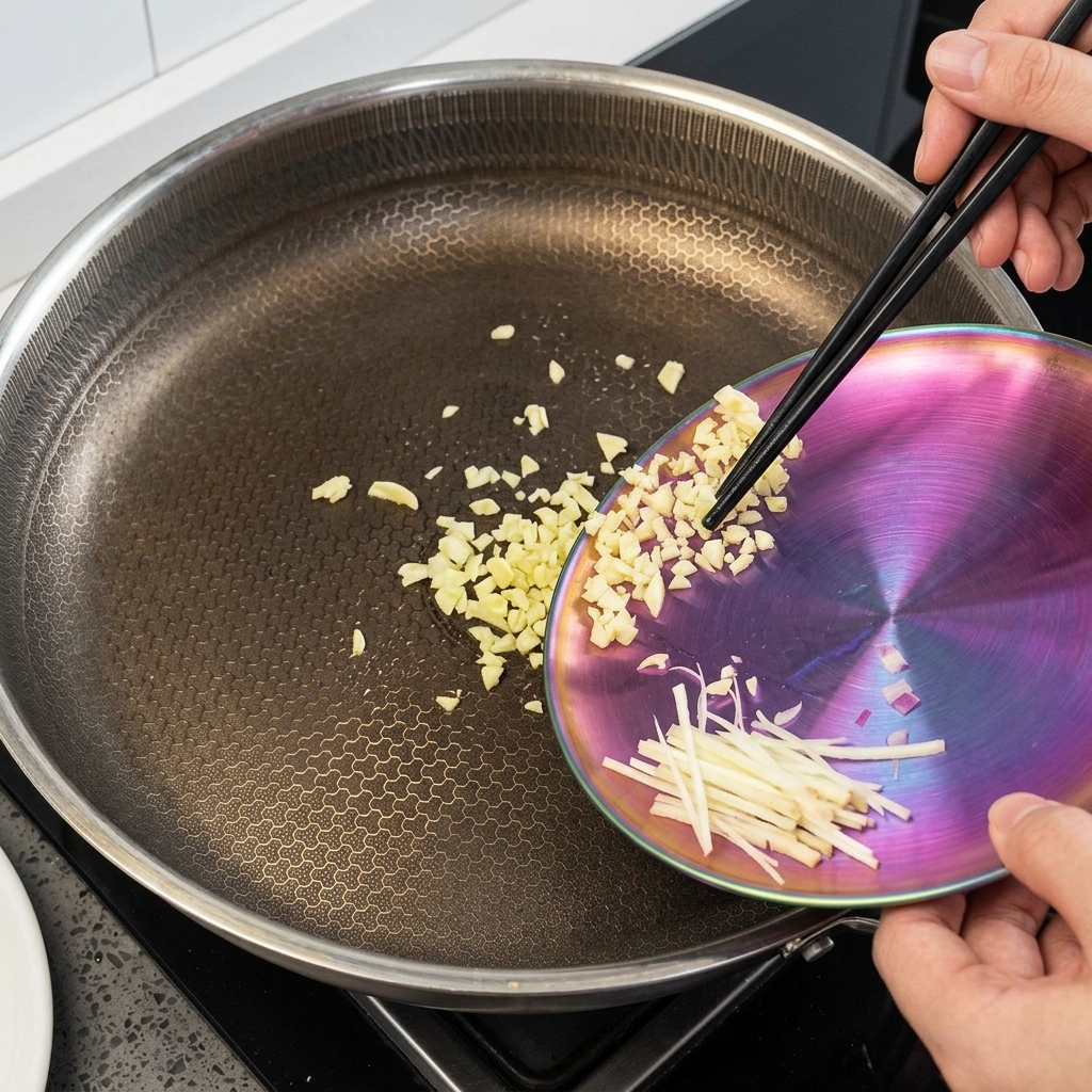 Aromatics being sautéed in a pan.