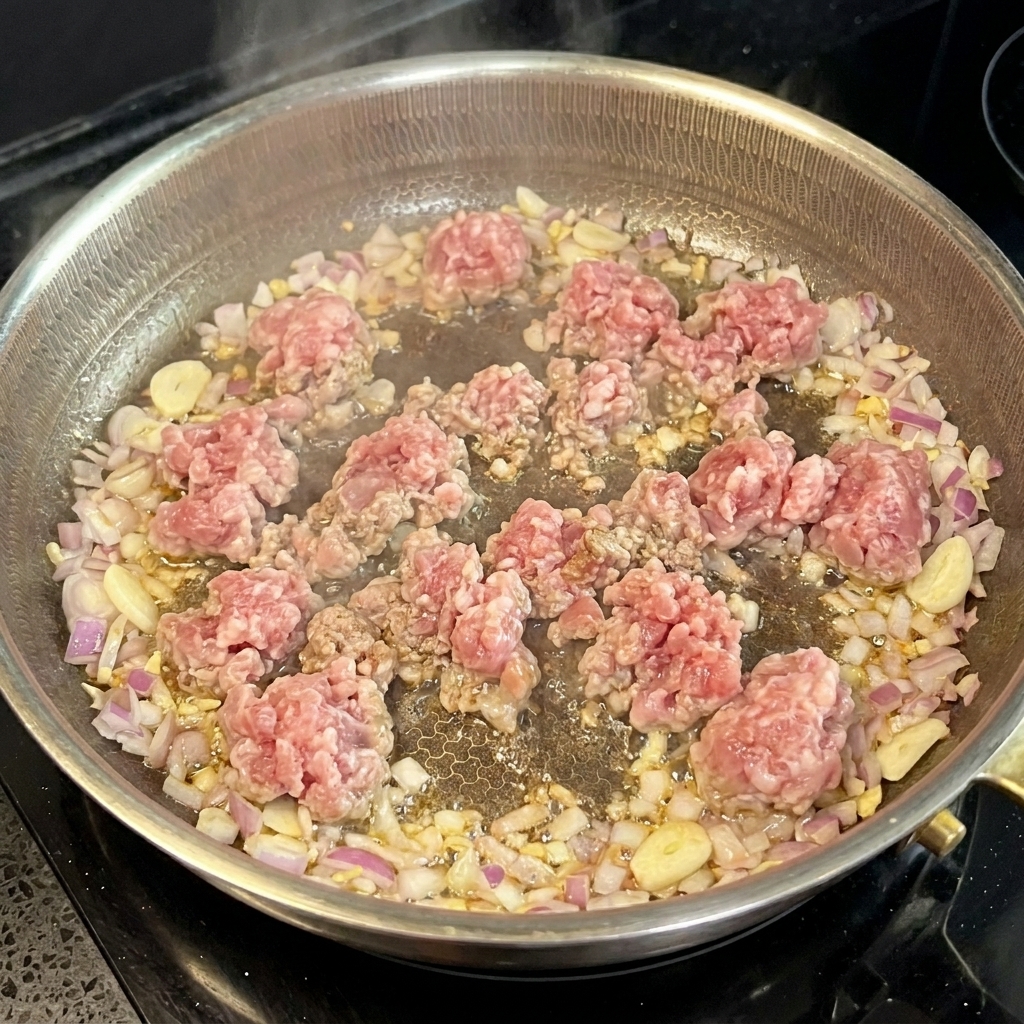Minced meat browning in a pan with aromatics.