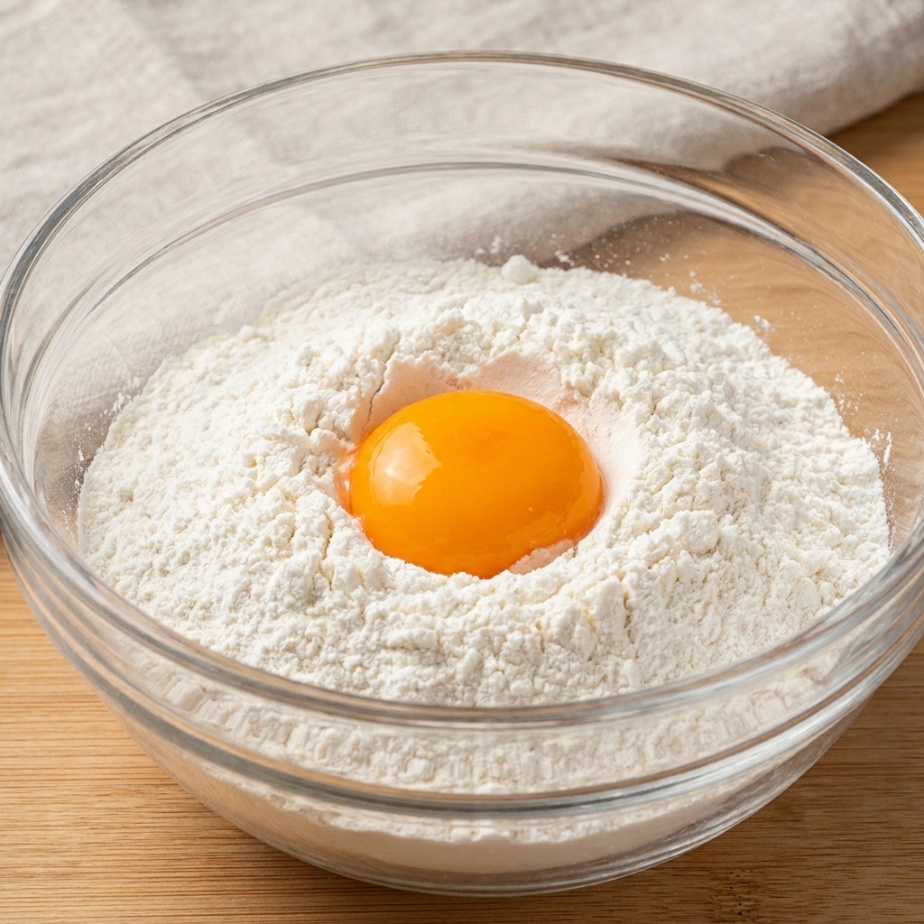 A close-up view of a glass bowl containing a mixture of flour, cornstarch, and egg yolk, being whisked into a smooth tempura batter.