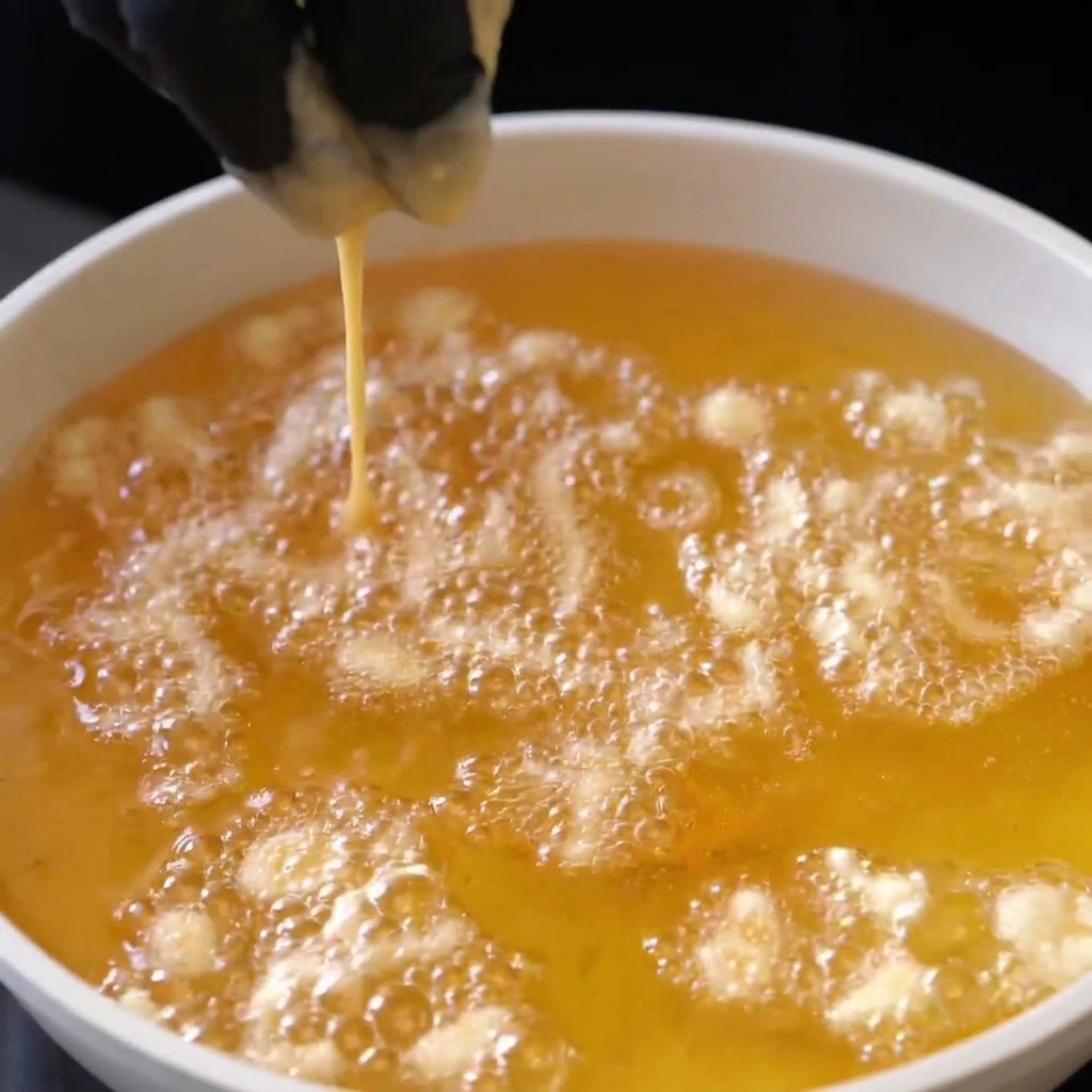 Small droplets of batter frying in hot oil, creating crispy golden bits.