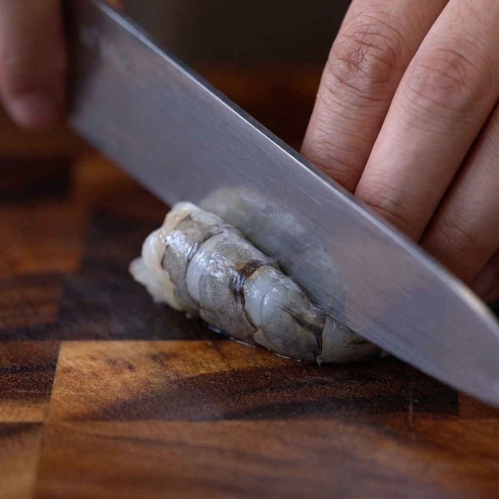 A hand using a knife to make small, precise cuts on the underside of a raw, peeled shrimp.