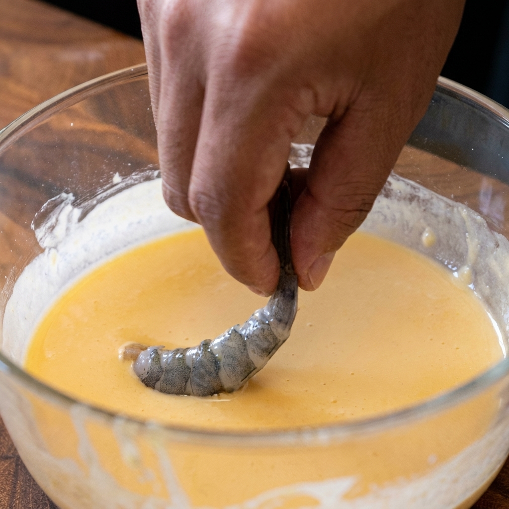 A shrimp being coated in wet batter and then covered in golden, crispy batter bits.