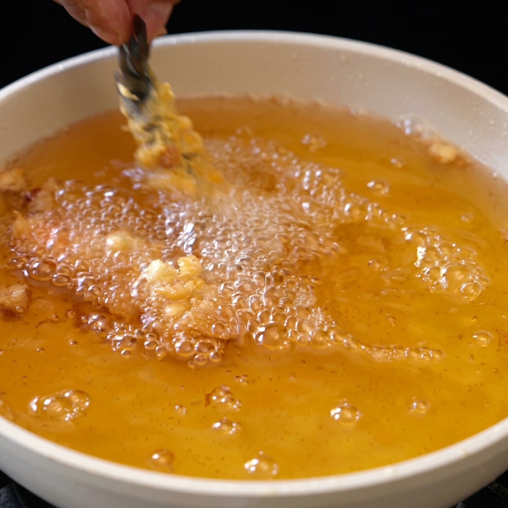 Shrimp frying in hot oil until golden brown.