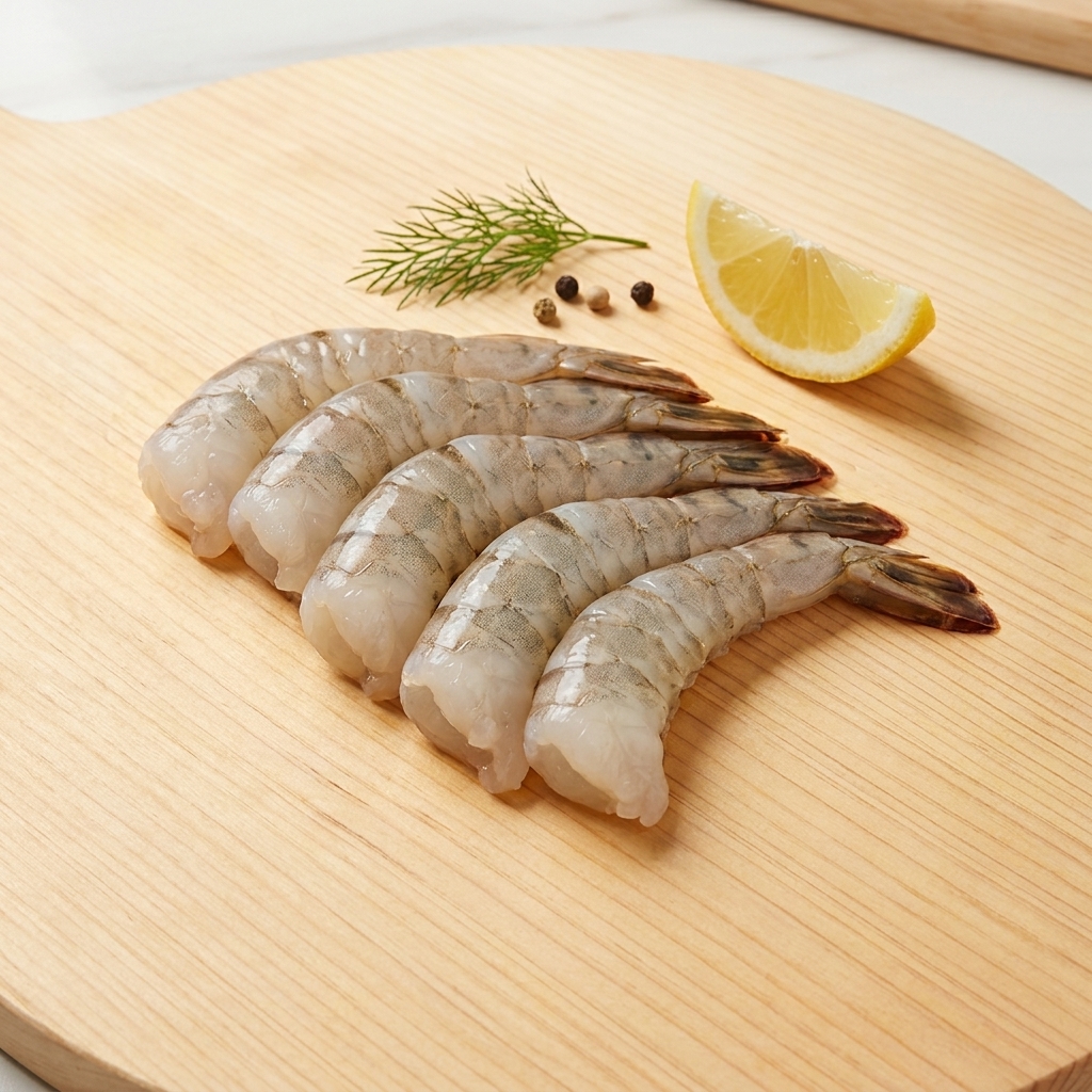 Close-up of shrimp being peeled and deveined on a wooden board.