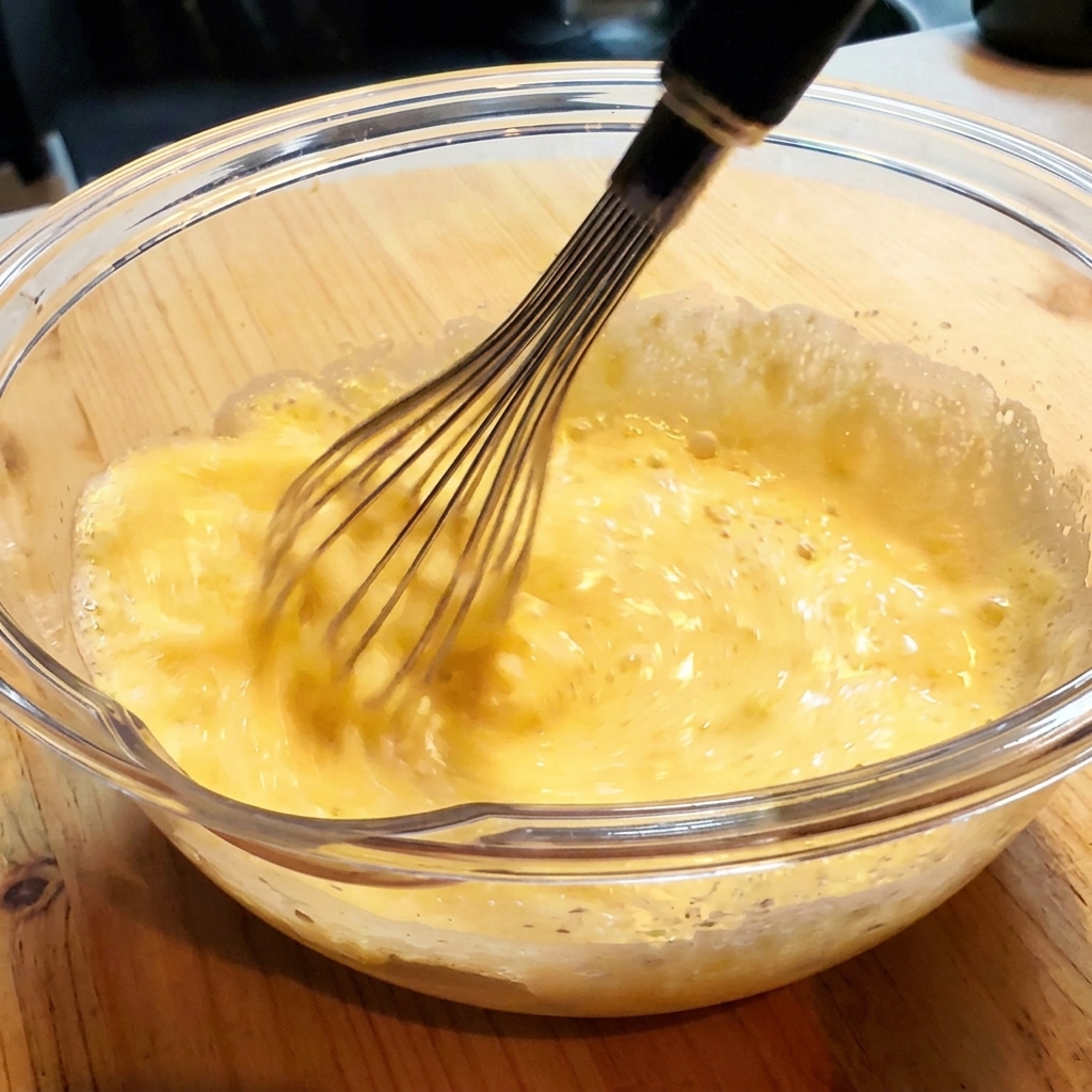 Tempura batter being whisked in a glass bowl.