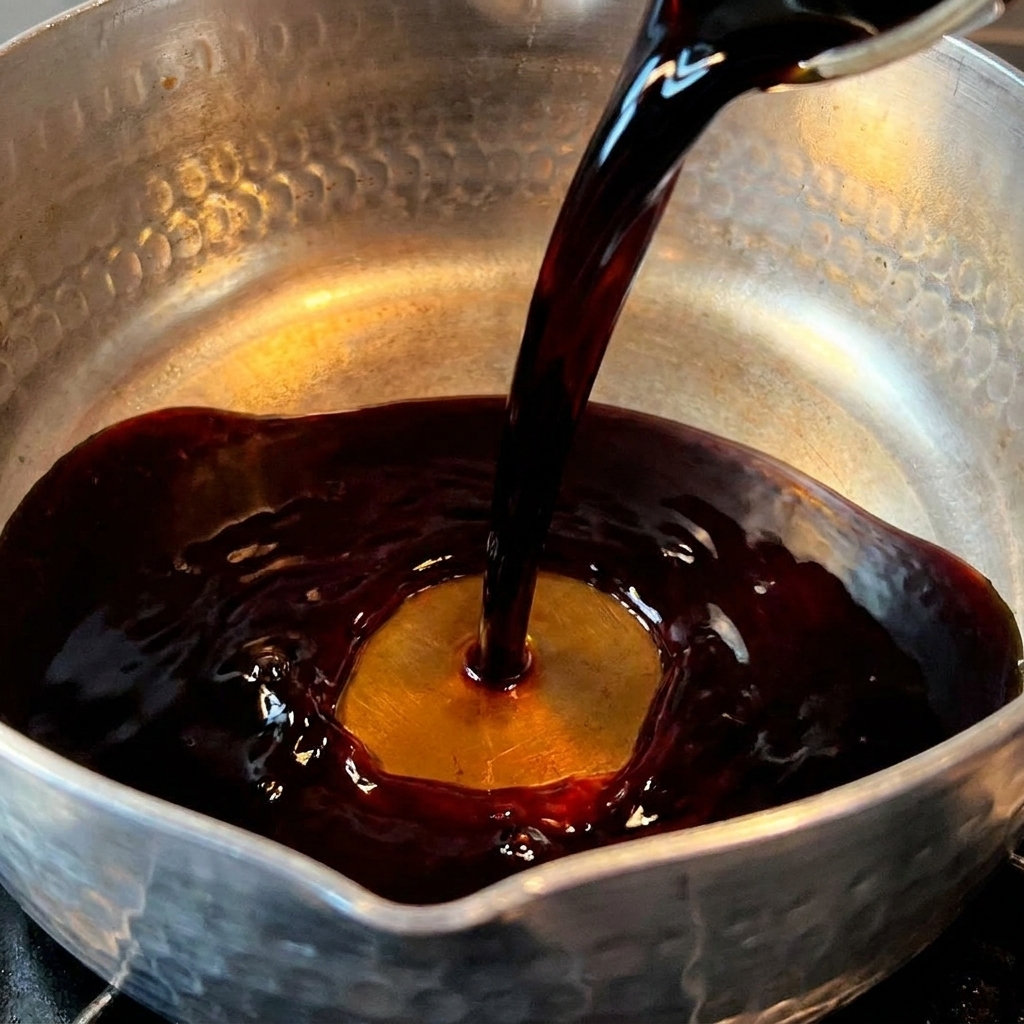 A small saucepan on the stove containing a dark, simmering sauce mixture being stirred with a spoon.