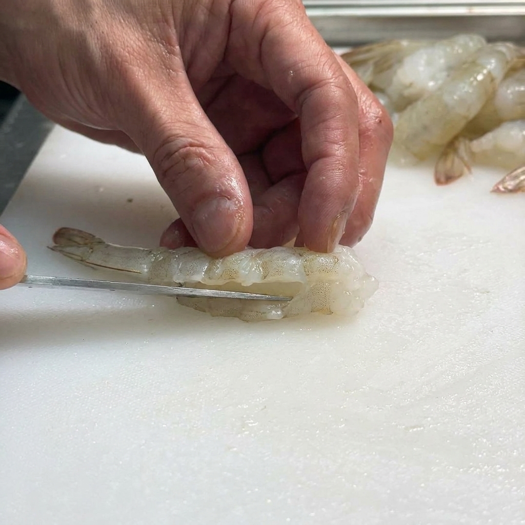 A close-up of a hand using a knife to carefully devein a raw shrimp on a white cutting board.