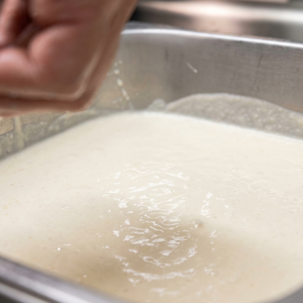 Shrimp being coated in a smooth, light-colored tempura batter.