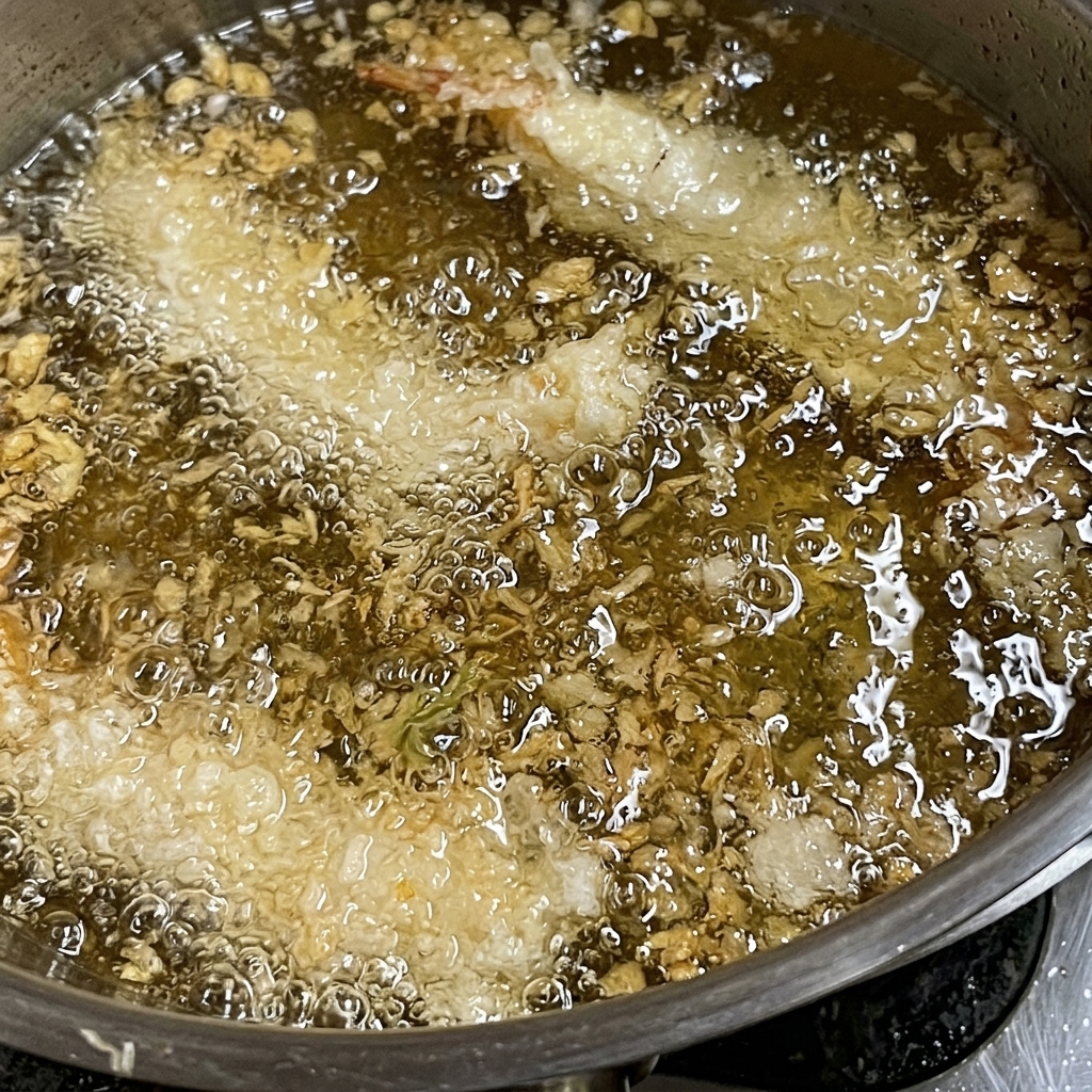 Battered shrimp frying in a pot of hot oil, showing bubbling batter.