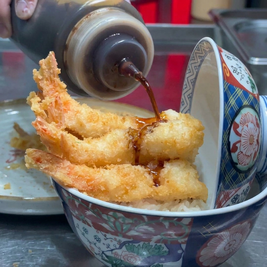 A close-up shot of dark homemade sauce being poured from a squeeze bottle onto crispy fried shrimp over a rice bowl.