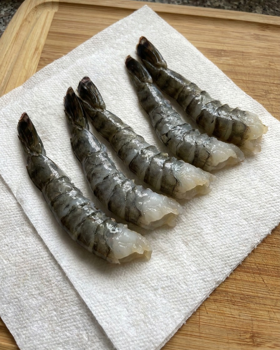 Five cleaned, deveined shrimp laid out in a neat row on white paper towels to dry.