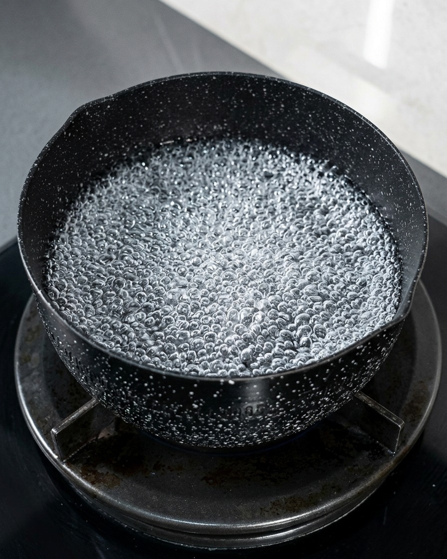 A small pot of water boiling on a stovetop with a piece of dark kombu submerged inside.