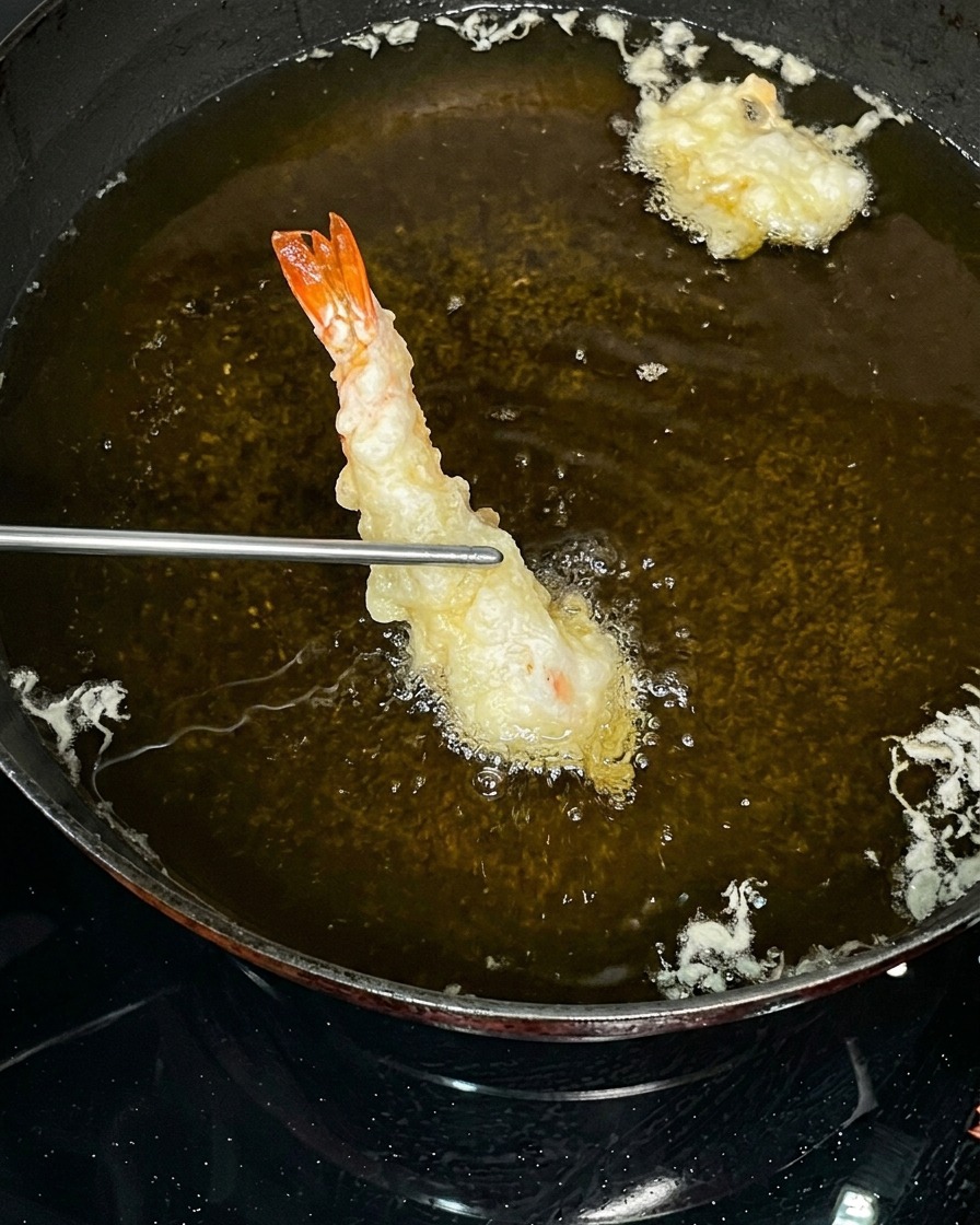 A bowl with tempura flour and ice water being mixed into a thick, slightly lumpy batter.