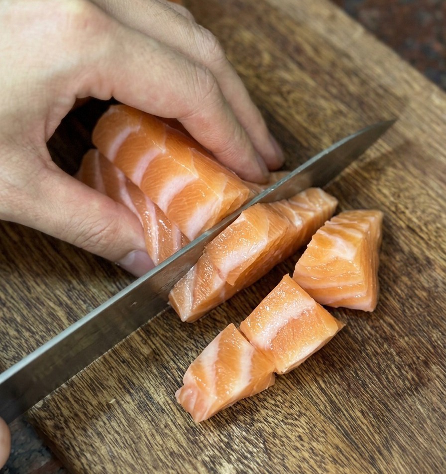 A sharp knife slicing fresh orange salmon into small even cubes on a wooden board.