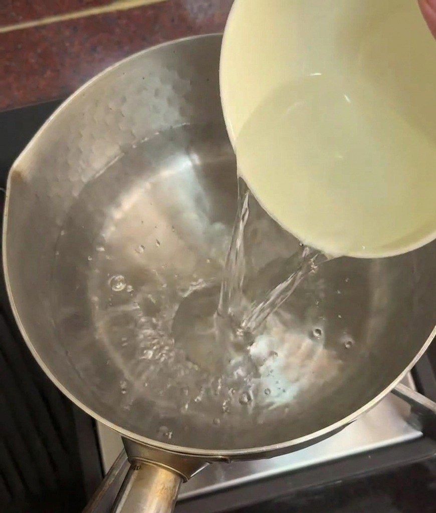 A person pouring a ceramic bowl of clear water into a stainless steel pot of hot water on a stovetop.