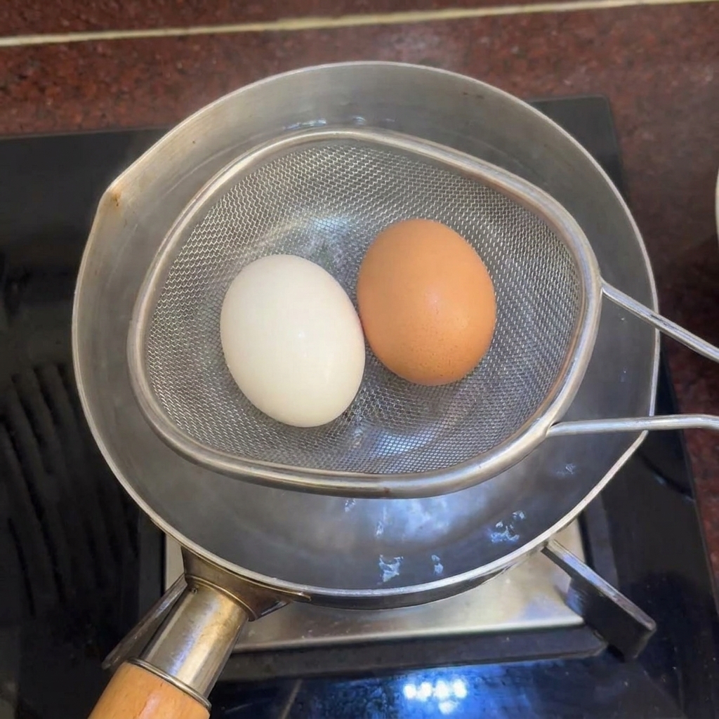 A metal mesh strainer holding two eggs over a pot of water on a kitchen counter.