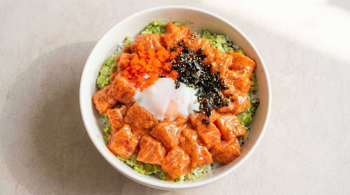 Spicy Salmon and Avocado Rice Bowl with Onsen Egg