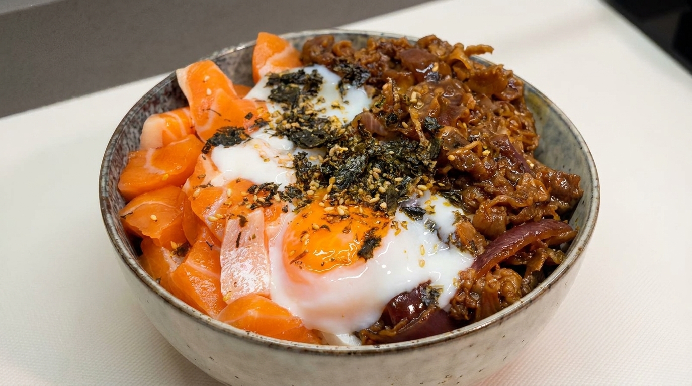 A colorful Japanese donburi topped with fresh salmon slices, savory stir-fried beef, and a perfectly runny onsen egg.