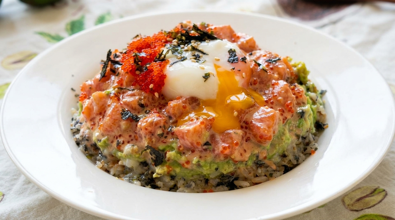 Creamy Salmon Avocado Poke Bowl with Onsen Egg