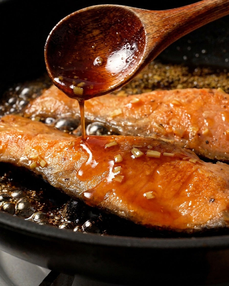 A close-up of a wooden spoon pouring a thick, bubbling brown glaze over a cooked salmon fillet in a skillet.
