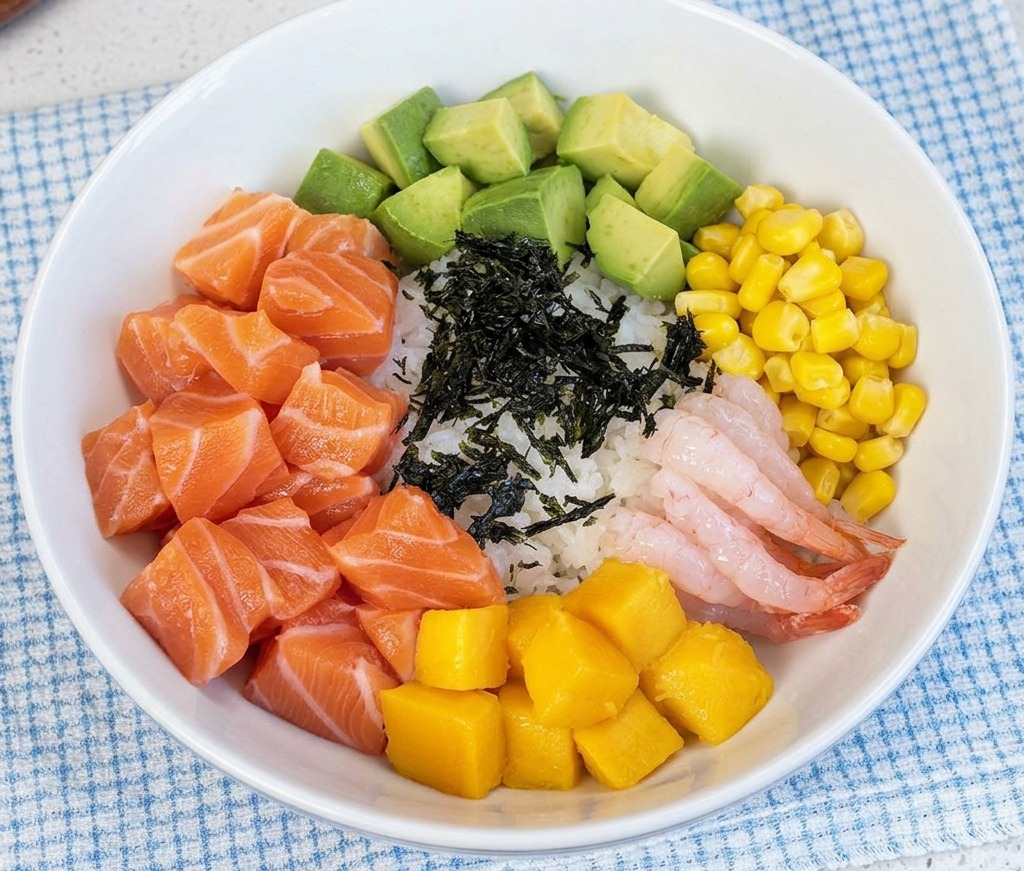 Fine strips of black dried seaweed placed in the center of a poke bowl filled with various colorful ingredients.