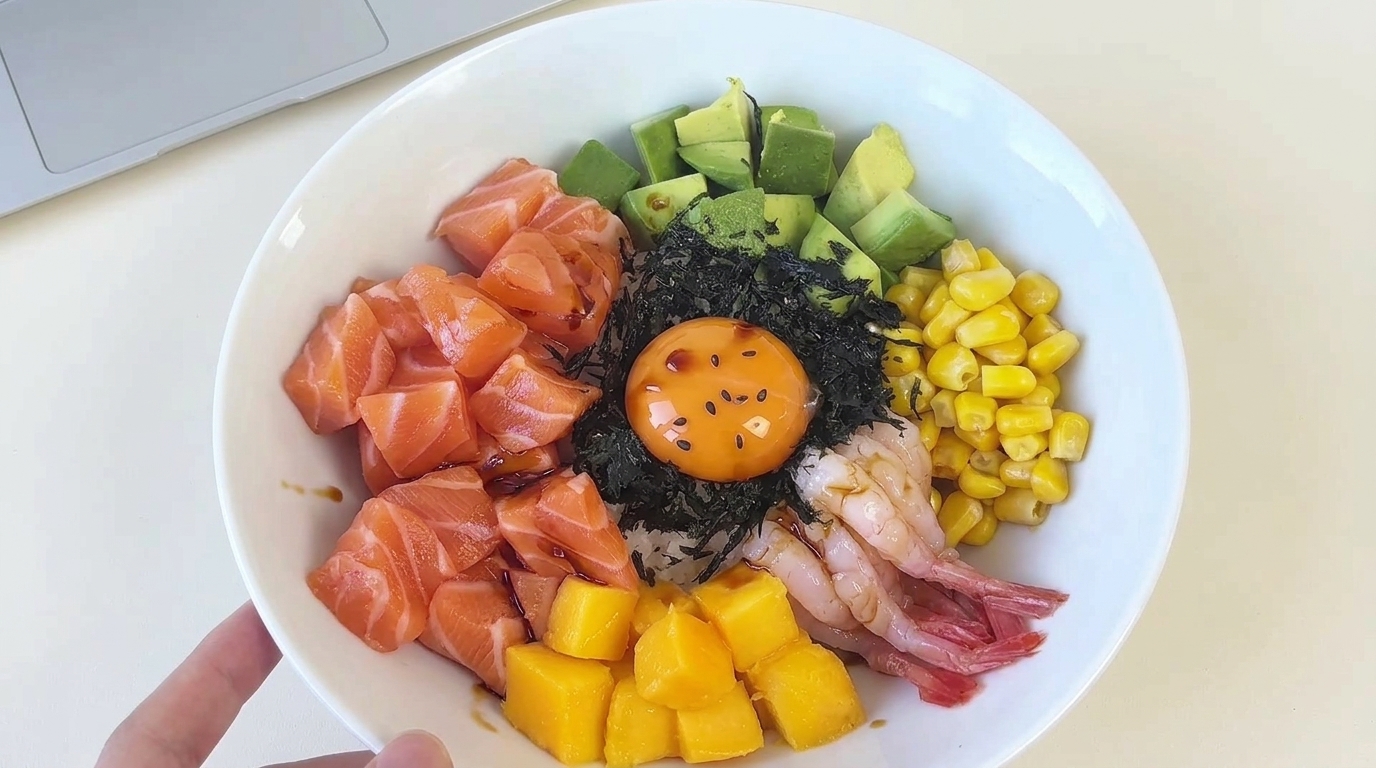 Salmon & Avocado Poke Bowl with Sweet Shrimp and Mango