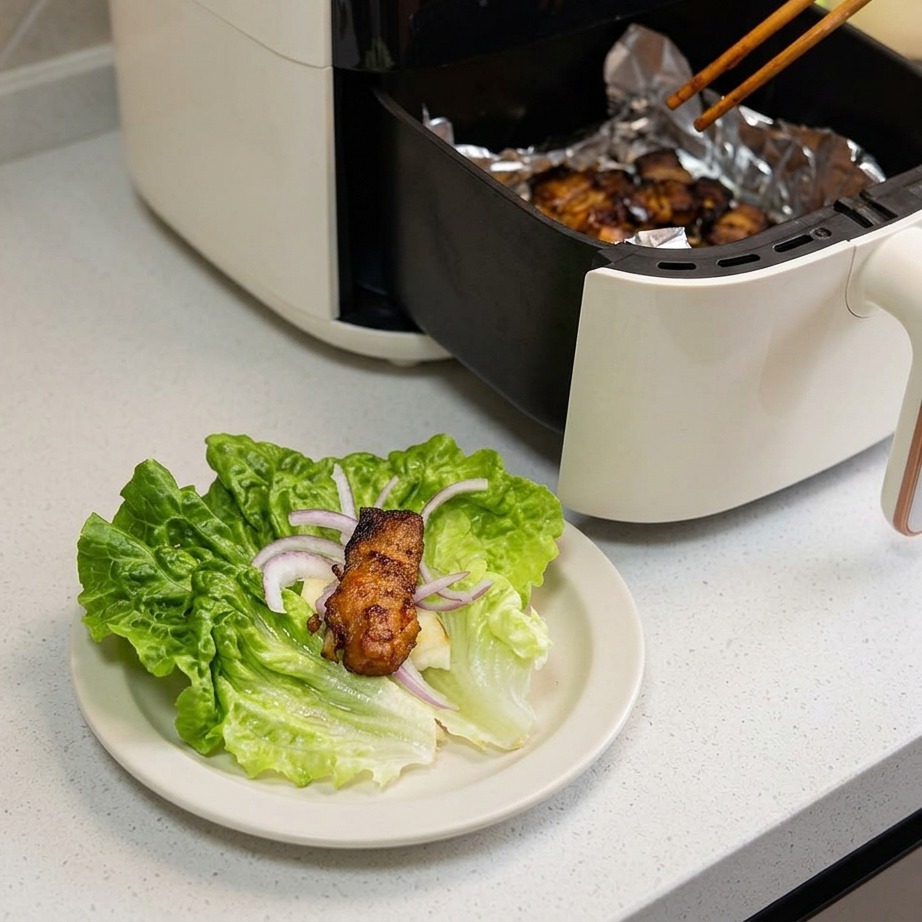 A pair of wooden chopsticks placing a piece of browned, crispy air-fried pork belly onto a fresh green lettuce leaf decorated with onion slices.
