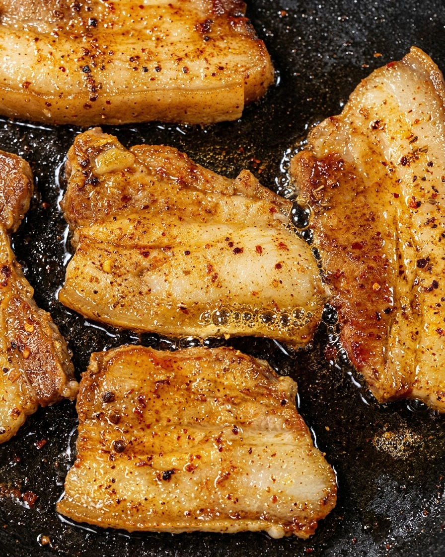 Close-up of thick-cut pork belly slices sizzling in their own fat on a dark pan, showing charred seasoning and crispy edges.