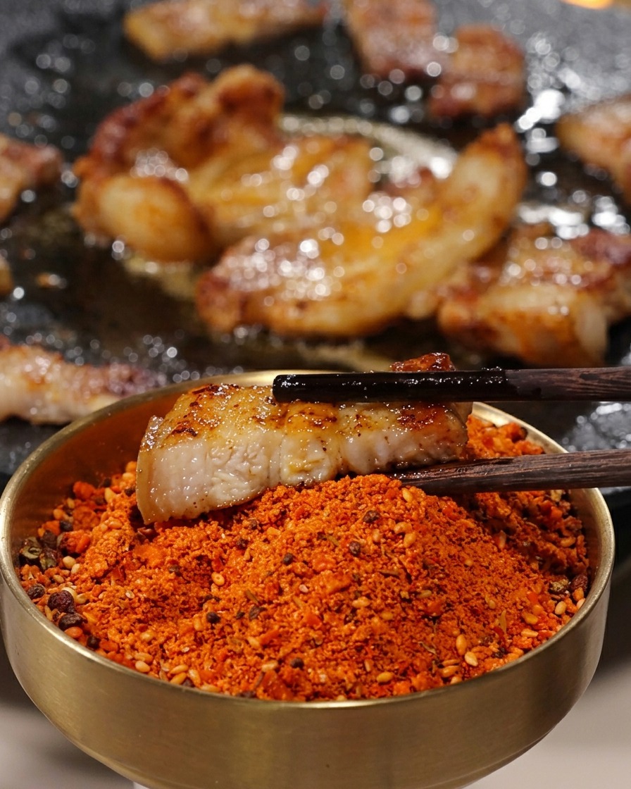 A crispy slice of grilled pork belly being dipped into a bowl of vibrant red seasoning powder using chopsticks.