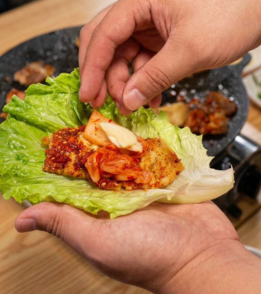 A hand adding a fresh slice of garlic to a lettuce wrap containing grilled pork and kimchi.