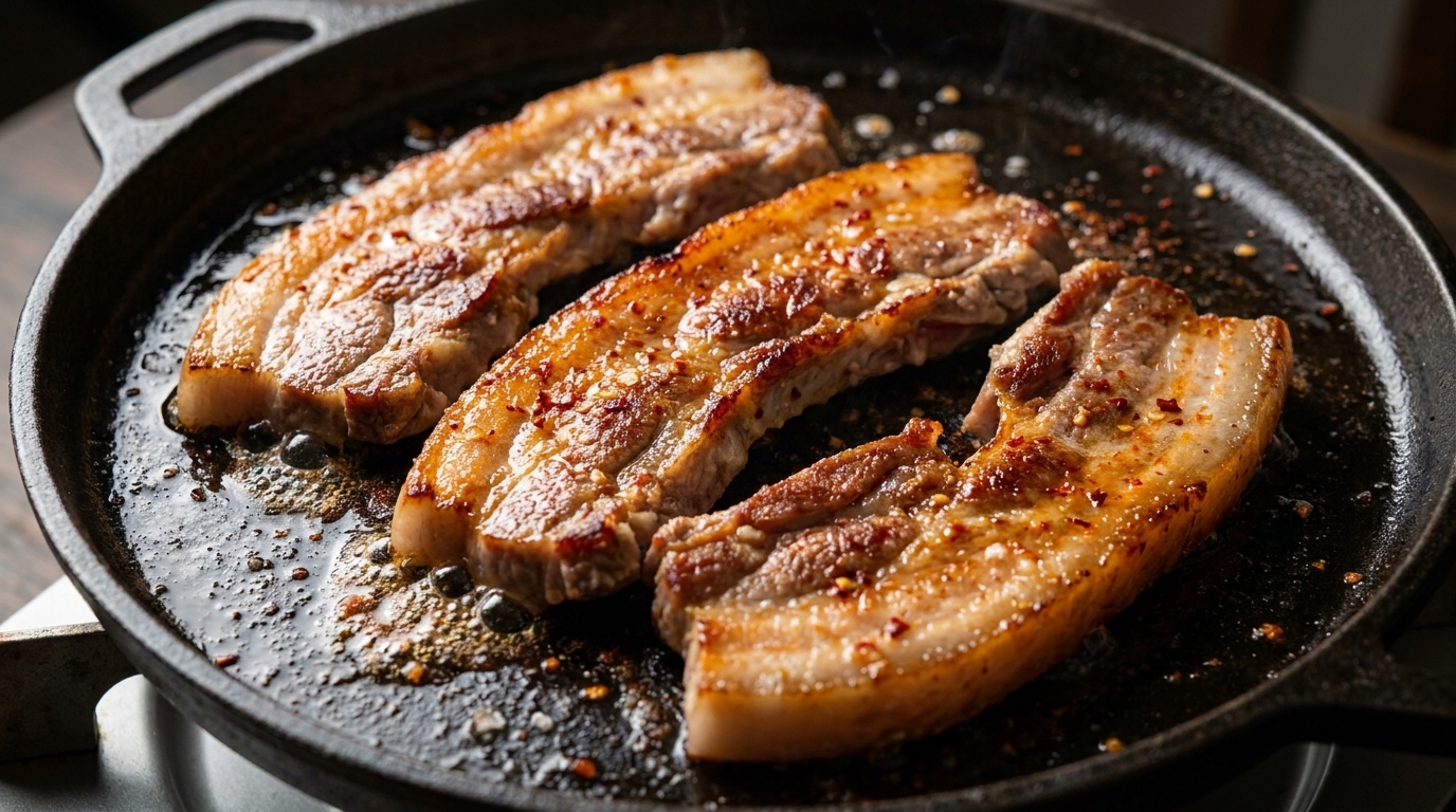 Thick-cut slices of marinated pork belly sizzling on a cast-iron grill pan until golden and crispy.