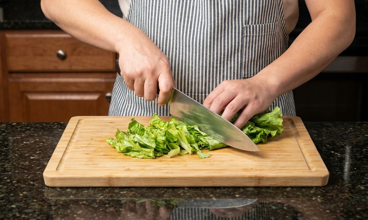 A person slicing fresh green leaf lettuce into strips on a bamboo cutting board with a sharp chefs knife.