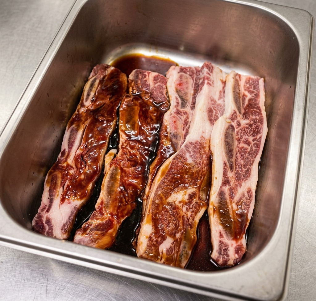 Raw beef short ribs sitting in a pool of dark soy sauce at the bottom of a stainless steel container.