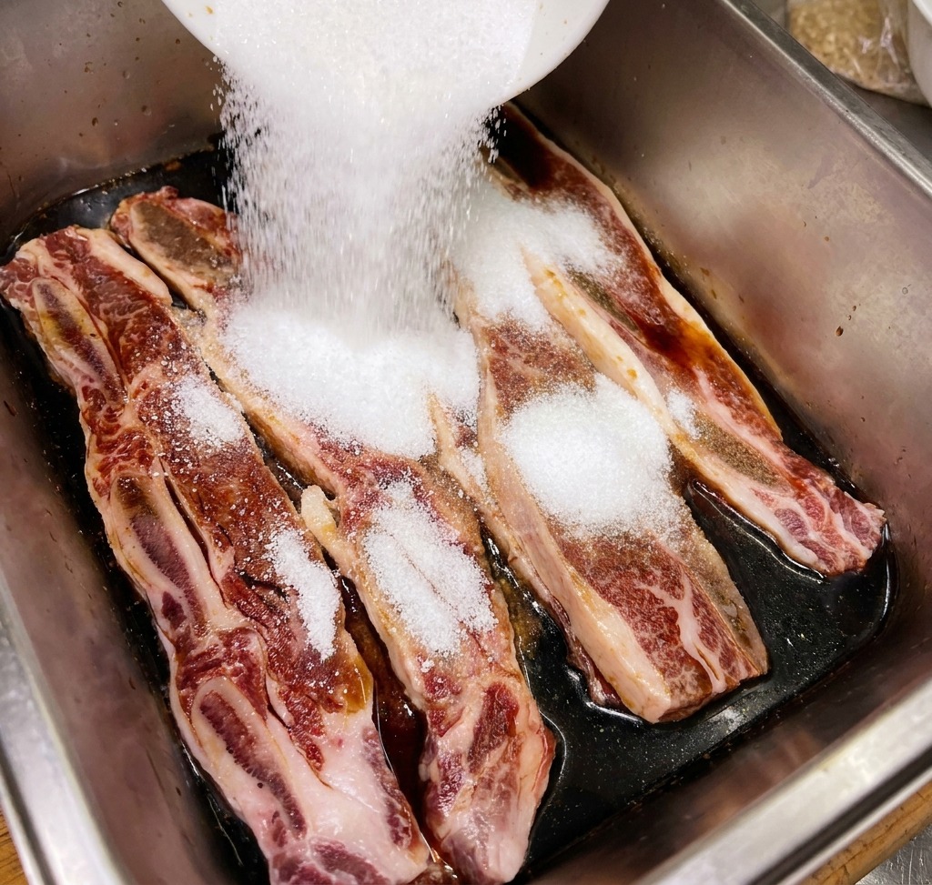 A stream of white granulated sugar being poured from a bowl onto beef short ribs in a metal tray.