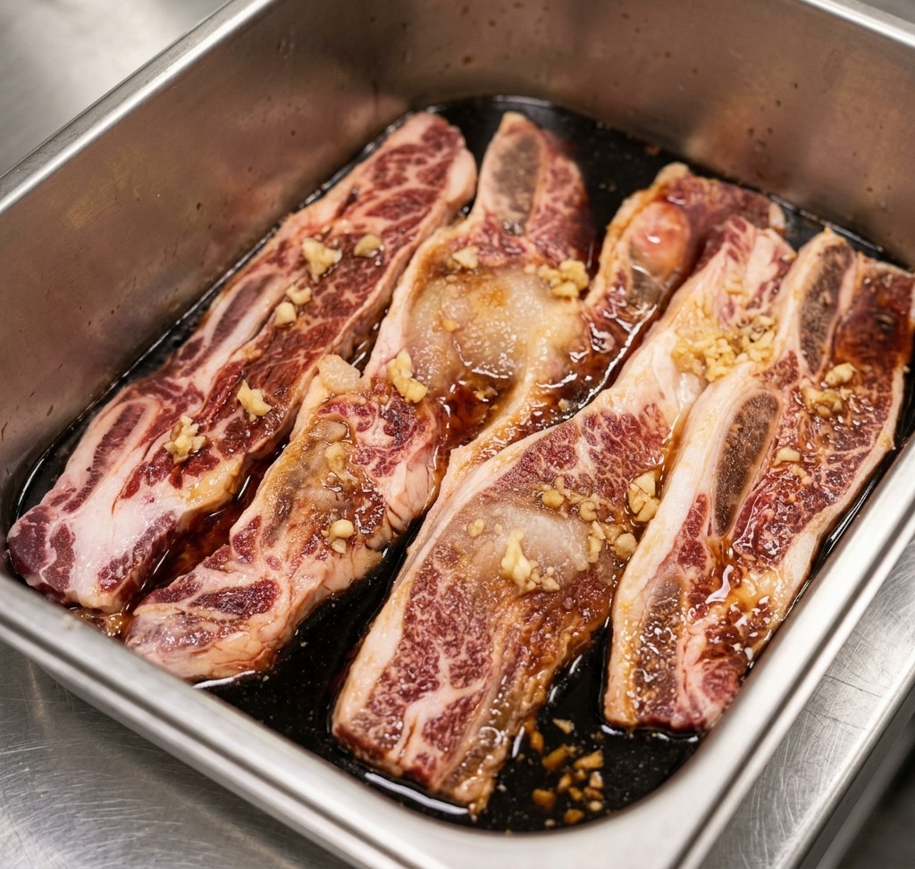Small mounds of minced garlic placed on top of raw beef short ribs in a marinade tray.