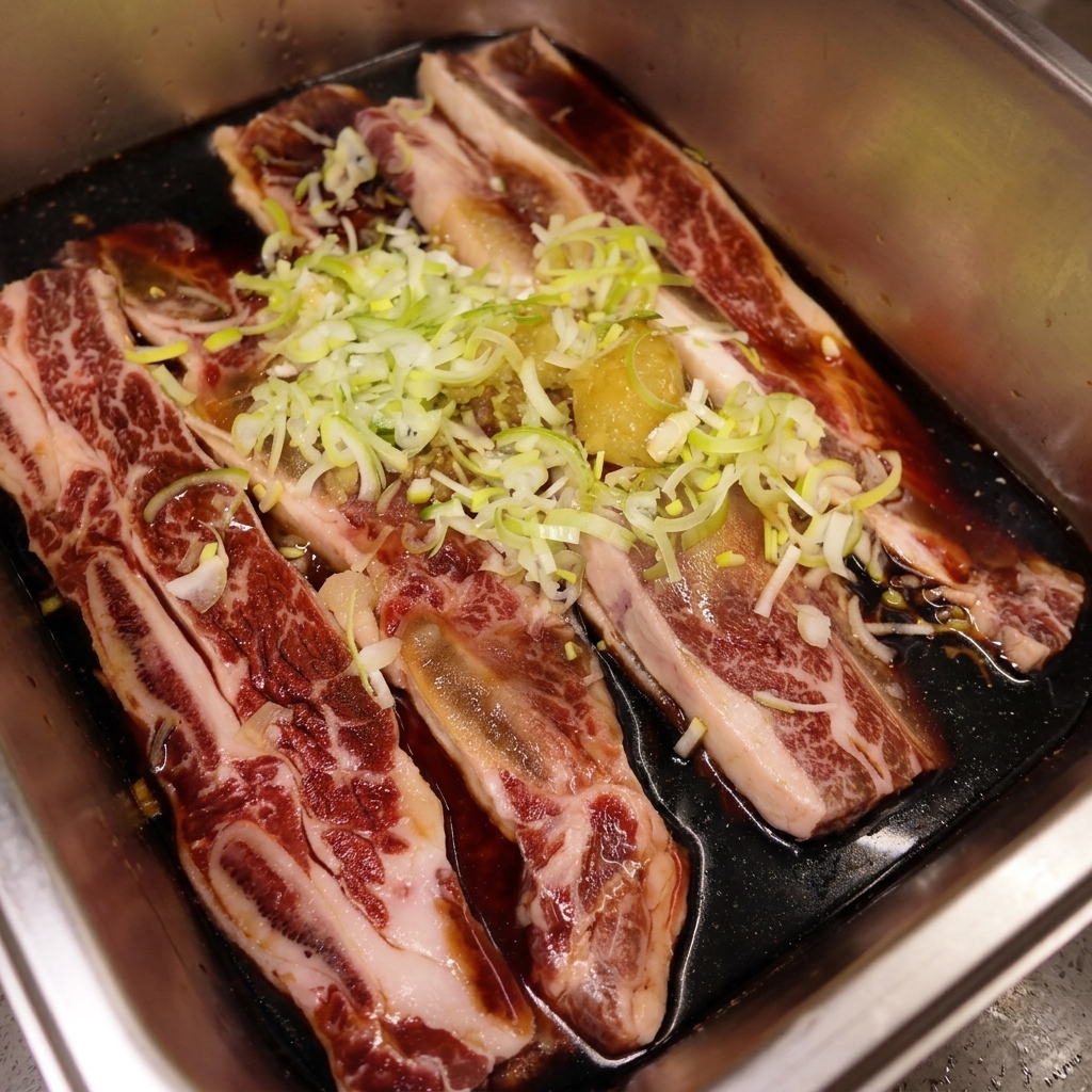 Raw short ribs in a metal tray topped with a generous amount of chopped green onions and minced garlic, with a drizzle of sesame oil visible.