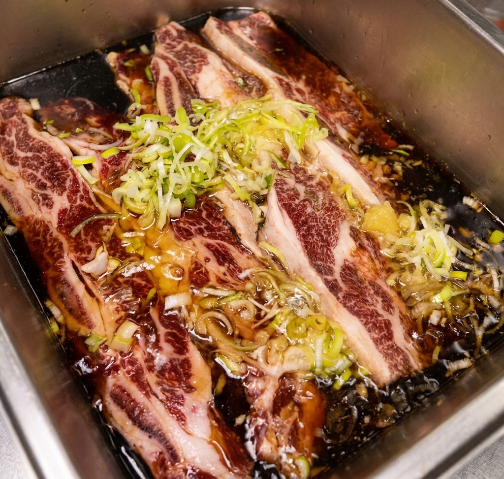 Clear water being poured into a metal tray containing beef ribs, soy sauce, and a large pile of chopped green onions.