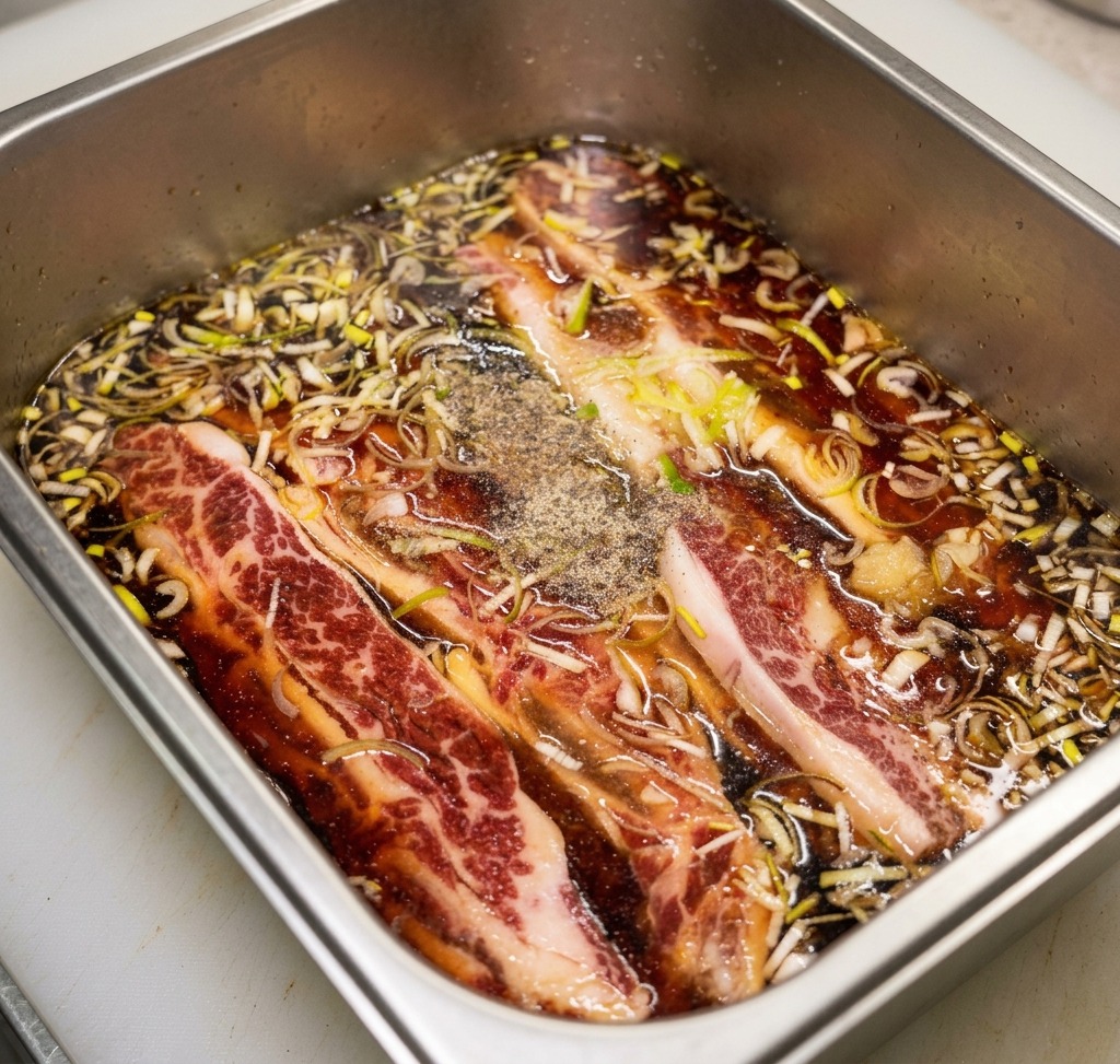 A tray of beef short ribs submerged in marinade with a dusting of fine black pepper powder on the surface.