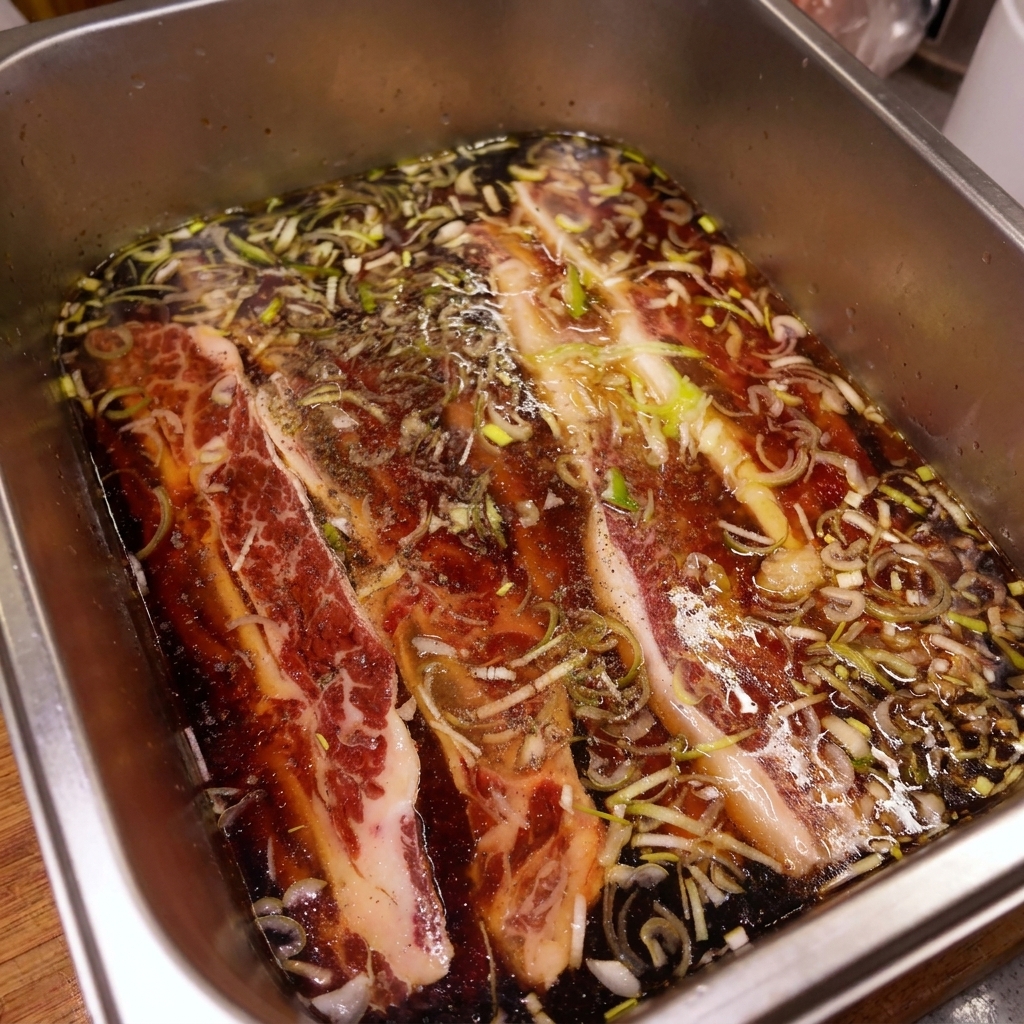 Short ribs submerged in a dark soy-based marinade within a stainless steel tray, with visible chopped scallions and a dusting of black pepper on the surface.
