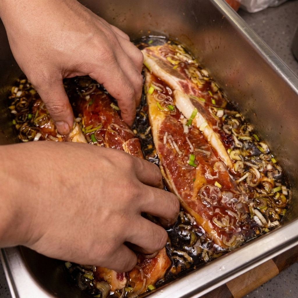Hands mixing raw beef short ribs with a dark soy-based marinade and sliced green onions in a stainless steel tray.