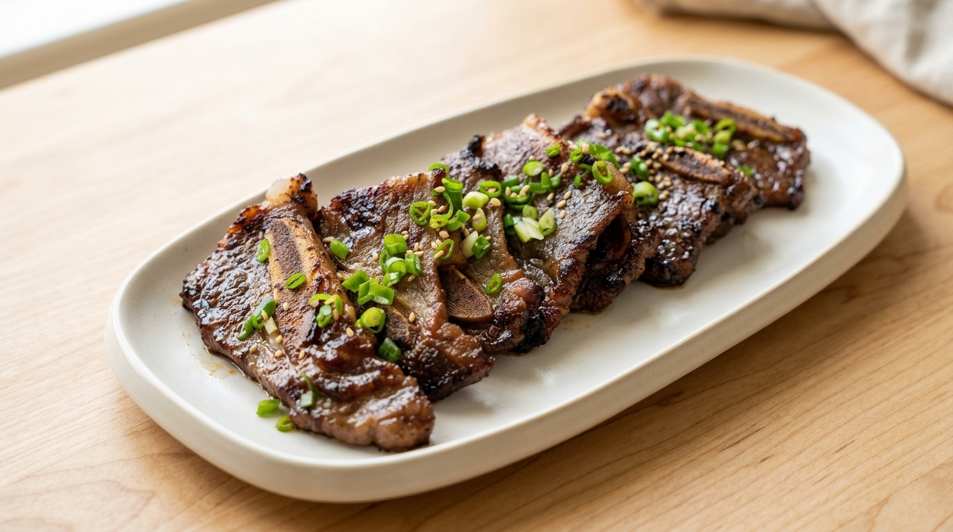 Glazed and charred LA Galbi ribs served on a white platter, garnished with fresh scallions and sesame seeds.