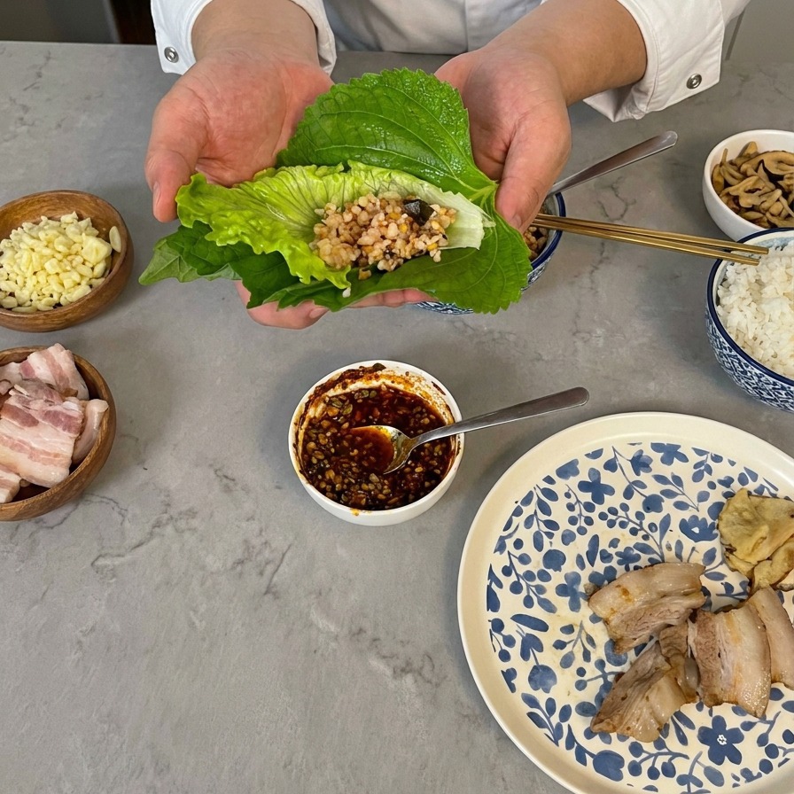 Cooked white rice being added to a vegetable wrap held in two hands, surrounded by small dishes of garlic and meat.