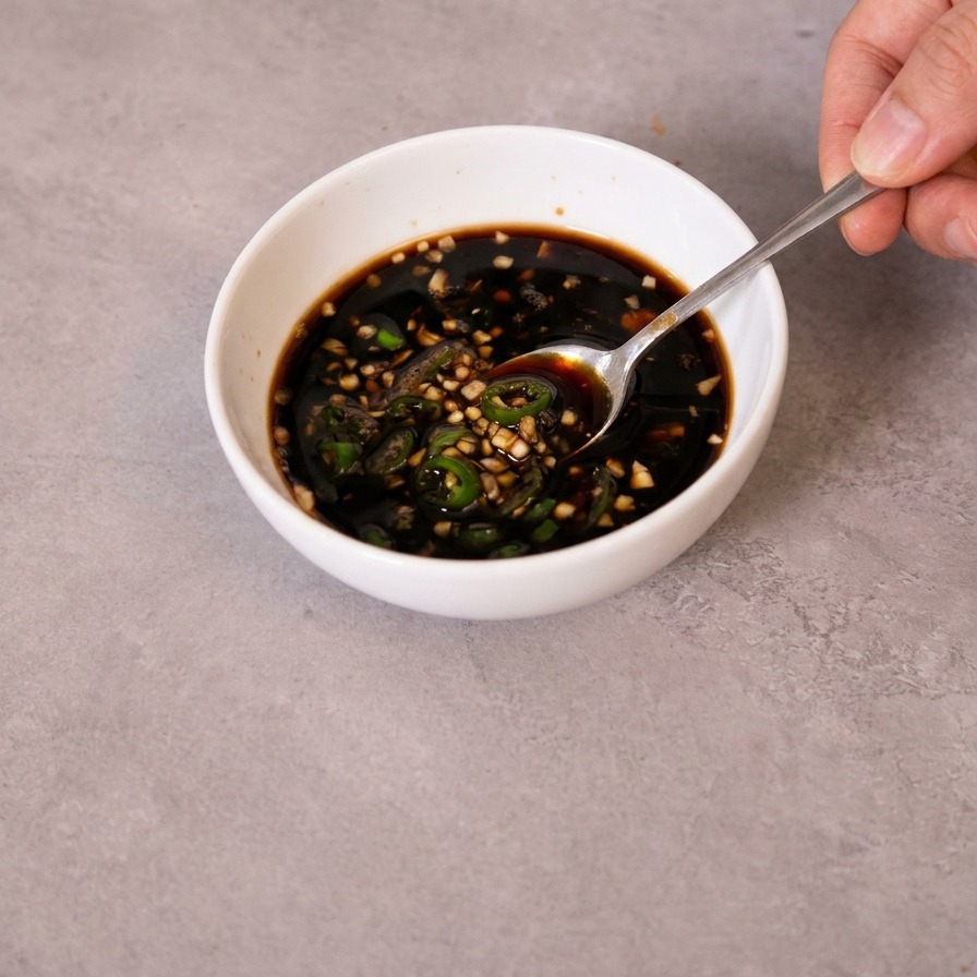 A small bowl containing soy sauce liquid being mixed with minced garlic and sliced green chilies using a spoon.