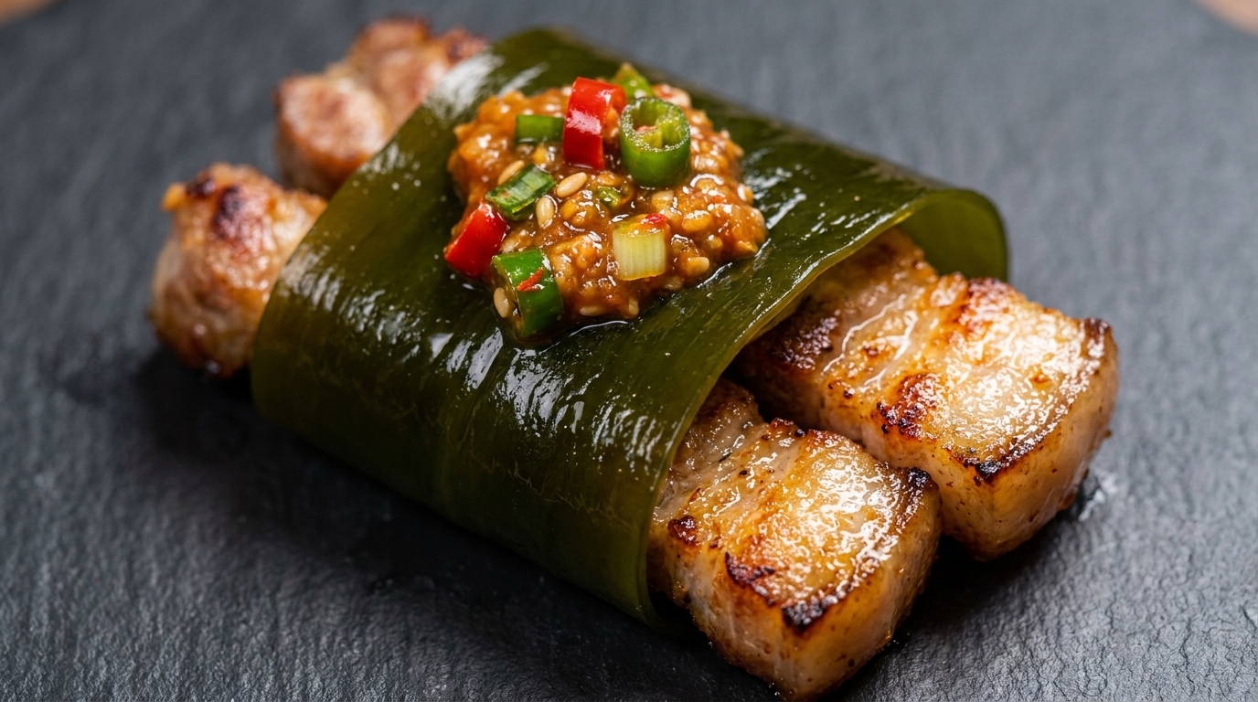 Korean Grilled Pork Belly Wraps (Samgyeopsal-gui) with Kelp & Lettuce