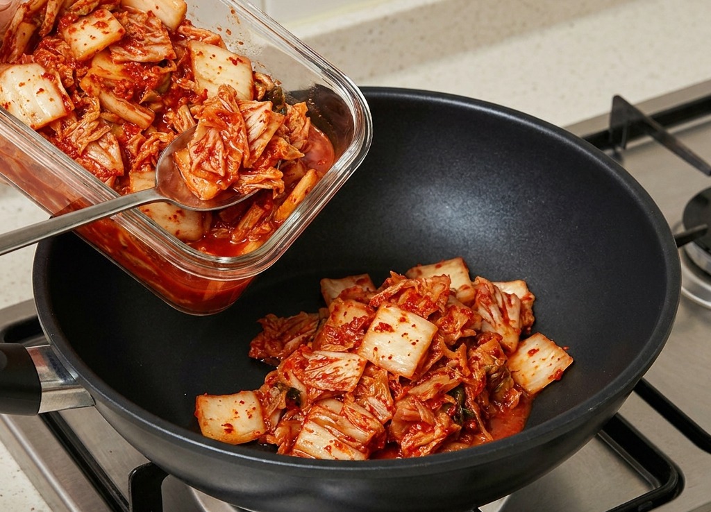 Hand pouring chopped fermented red cabbage kimchi from a glass storage container into a black cooking pan on a gas stove.