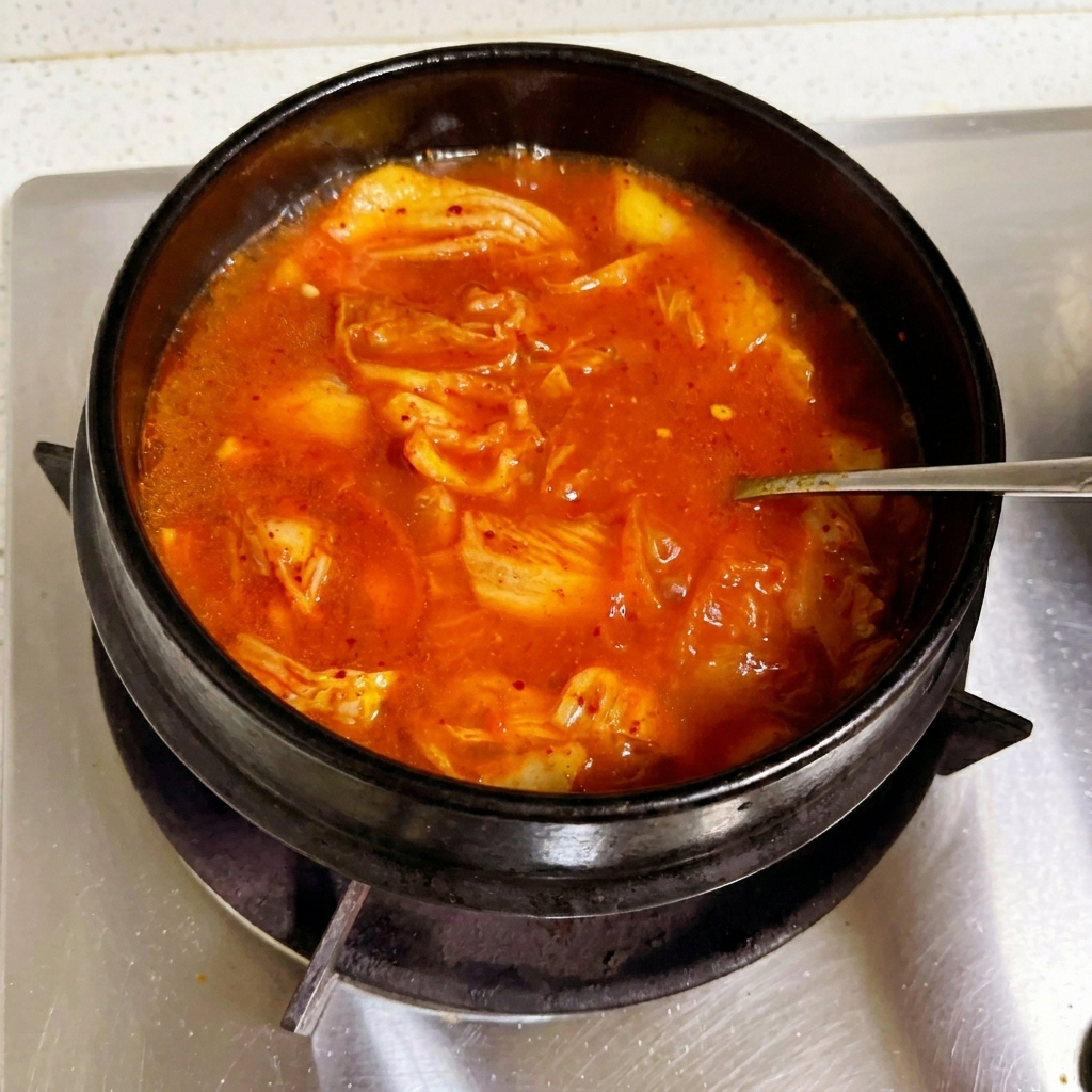 A metal spoon stirring a reddish broth in a stone pot to dissolve a small amount of soybean paste.