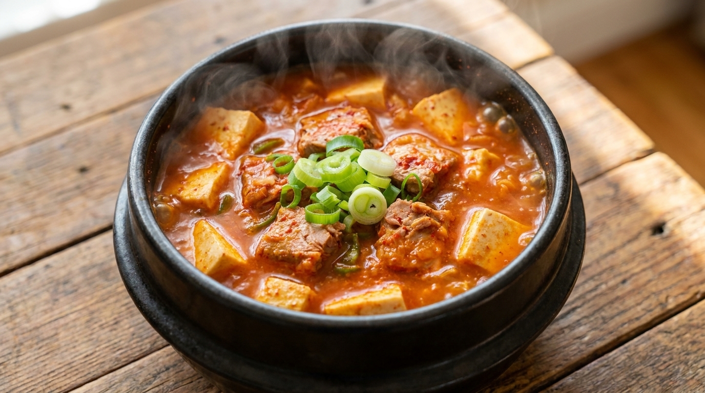 A bubbling stone pot of Tuna Kimchi Stew topped with fresh scallions and silky tofu.
