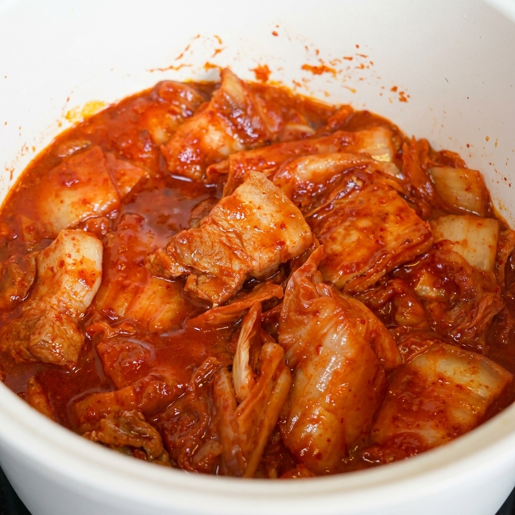 Sliced kimchi and fried pork belly pieces being mixed together in a pot, coated thoroughly in red pepper sauce.