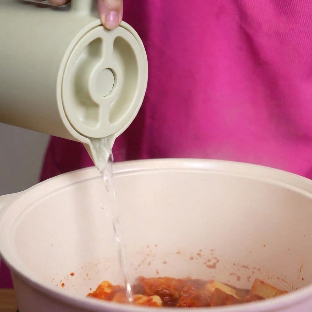 Clear water being poured from a light green pitcher into a pot filled with kimchi and pork belly in a red broth.