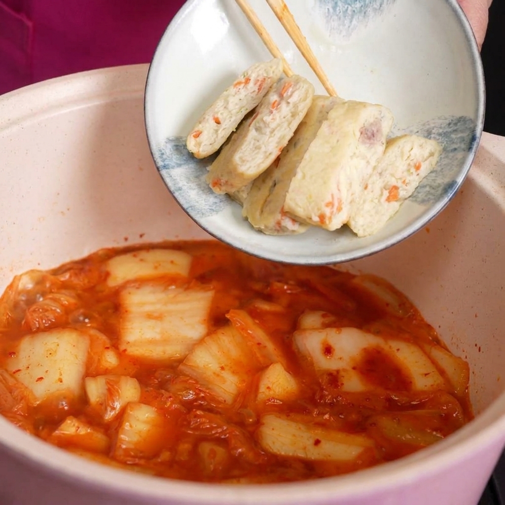 A small white bowl of sliced fish cakes with visible carrot bits being emptied into a bubbling pot of red kimchi soup.